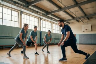Éducateur sportif animant une séance de stretching en salle de sport avec un groupe d'adultes