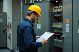 Électricien industriel évaluant une habilitation électrique devant un tableau de distribution en usine