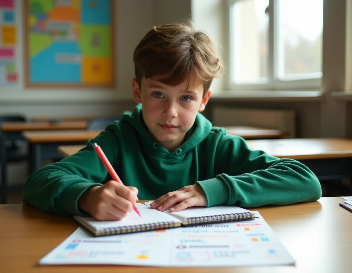 Élève délégué de CM2 prenant des notes pour organiser des événements festifs dans sa classe avec un planning coloré