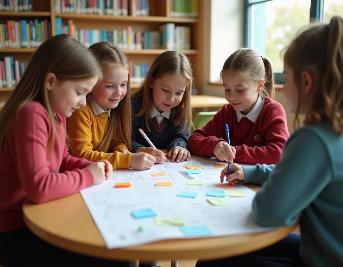 Groupe d'élèves de CM2 préparant ensemble des idées d'animations festives pour la classe autour d'une table en bibliothèque scolaire