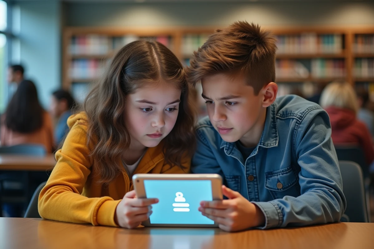 Deux élèves consultant le portail collège 41 sur une tablette dans la bibliothèque scolaire