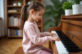 Jeune fille souriante jouant du piano dans un salon chaleureux, apprenant le piano de manière ludique