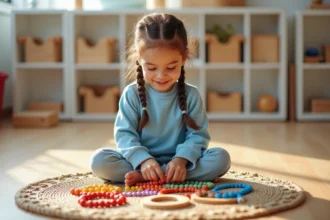 Jeune fille arrangeant des chaînes de perles Montessori pour apprendre les tables de multiplication sur un tapis en jute