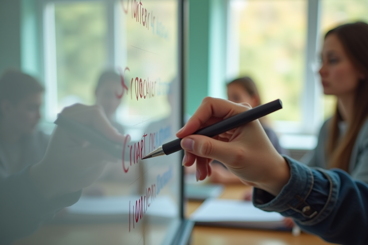 Enseignant écrivant objectifs sur un tableau blanc dans une classe chaleureuse