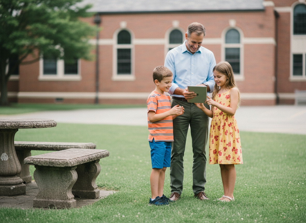 Enseignant avec deux enfants utilisant une tablette en extérieur