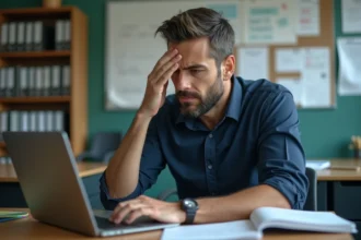 Enseignant frustré devant un écran d'ordinateur portable affichant une erreur de connexion sur le portail académique id.ac-versailles.fr