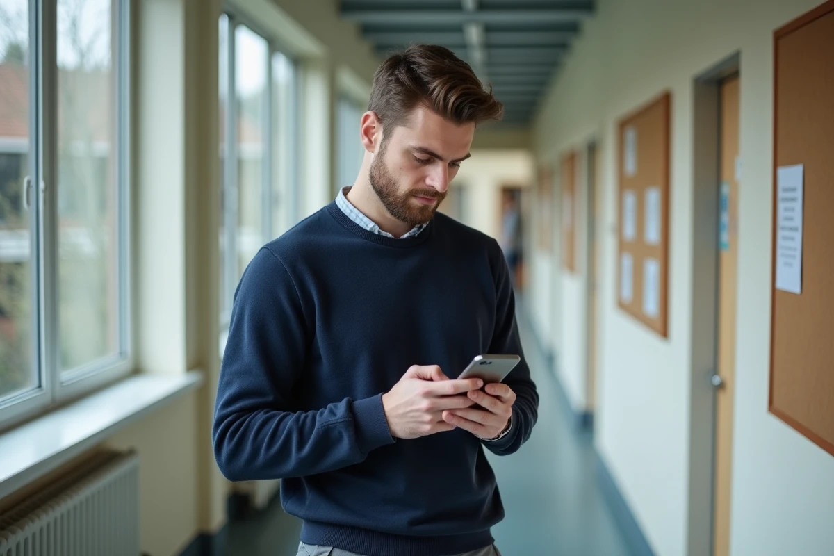 Nouvel enseignant consultant ses instructions d'activation de compte Convergence sur smartphone dans un couloir d'établissement scolaire