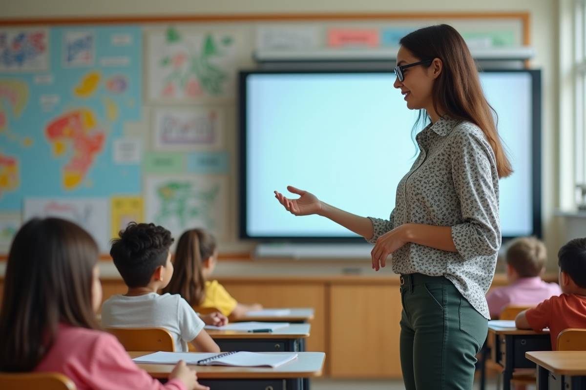 Enseignante avec enfants dans une classe moderne et colorée