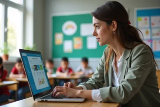 Enseignante d ecole primaire utilisant un ordinateur dans une classe moderne