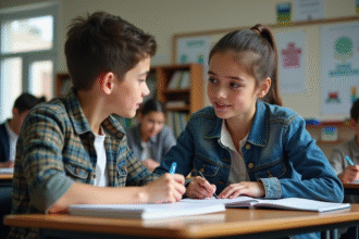 Jeune enseignante en classe discutant avec un élève