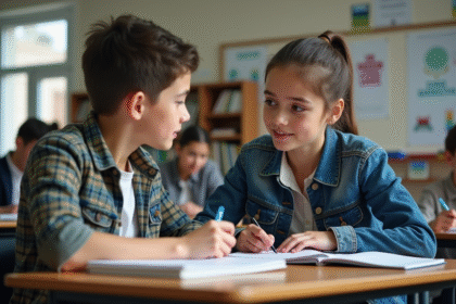 Jeune enseignante en classe discutant avec un élève