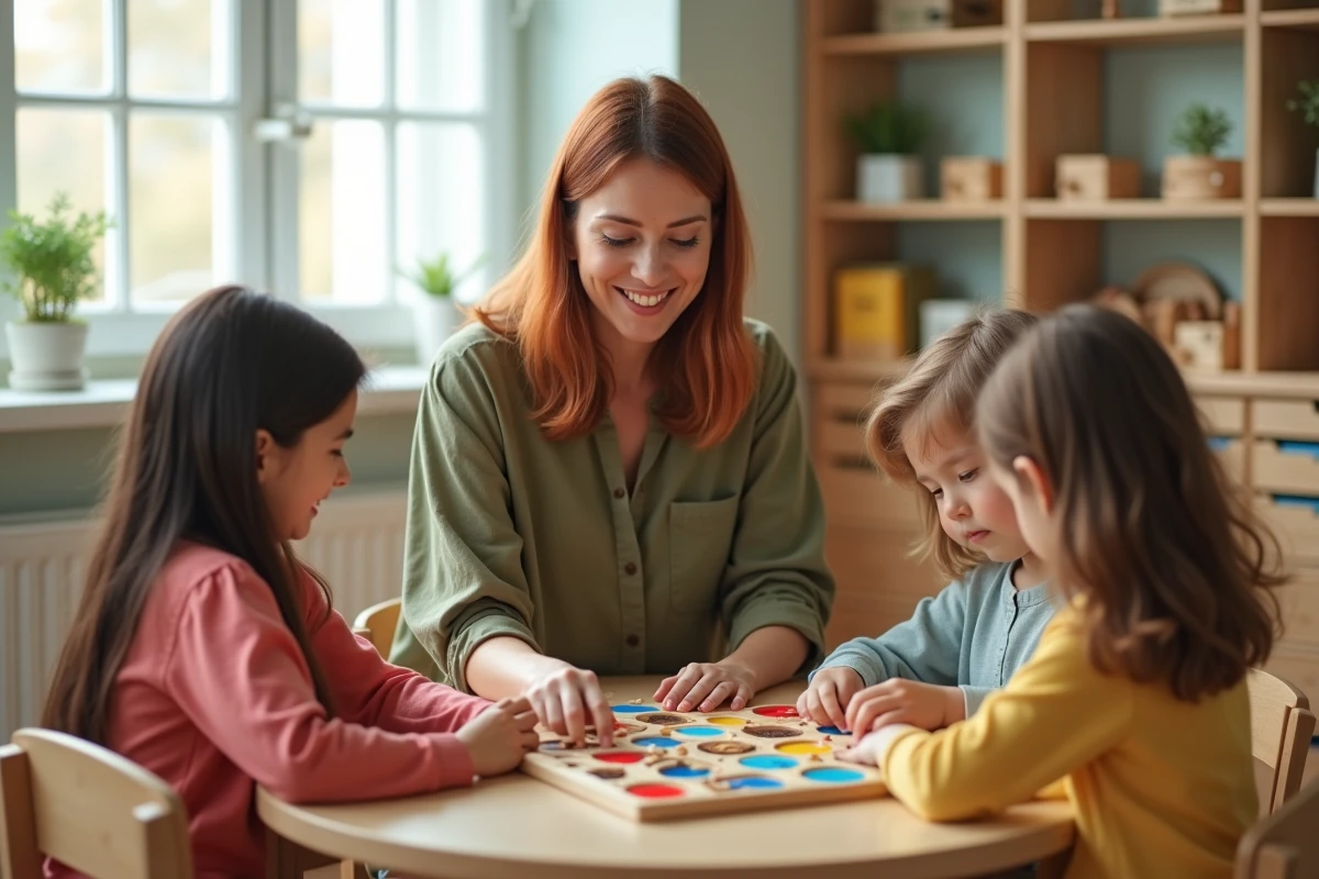 Enseignante Montessori guidant des élèves dans un jeu de mémorisation des tables de multiplication en classe