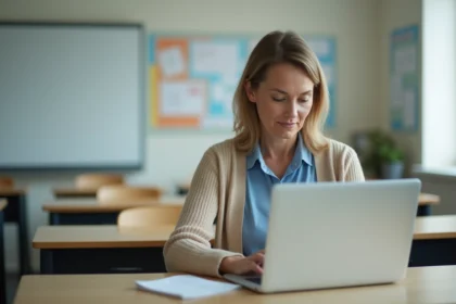 Professeure assise à son bureau en classe moderne