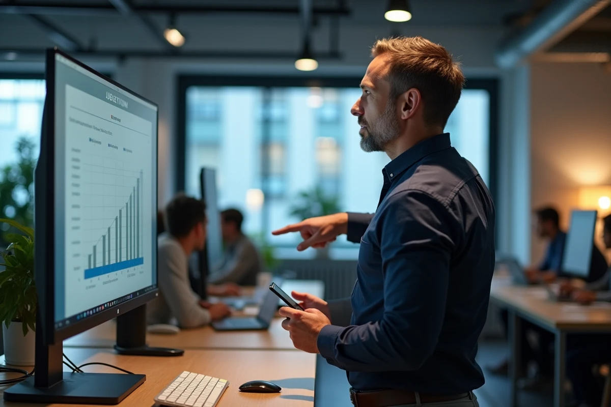Entrepreneur analysant des plans tarifaires IA sur écran en espace de coworking moderne