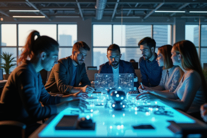 Groupe de créatifs dans un bureau moderne analysant un gadget futuriste