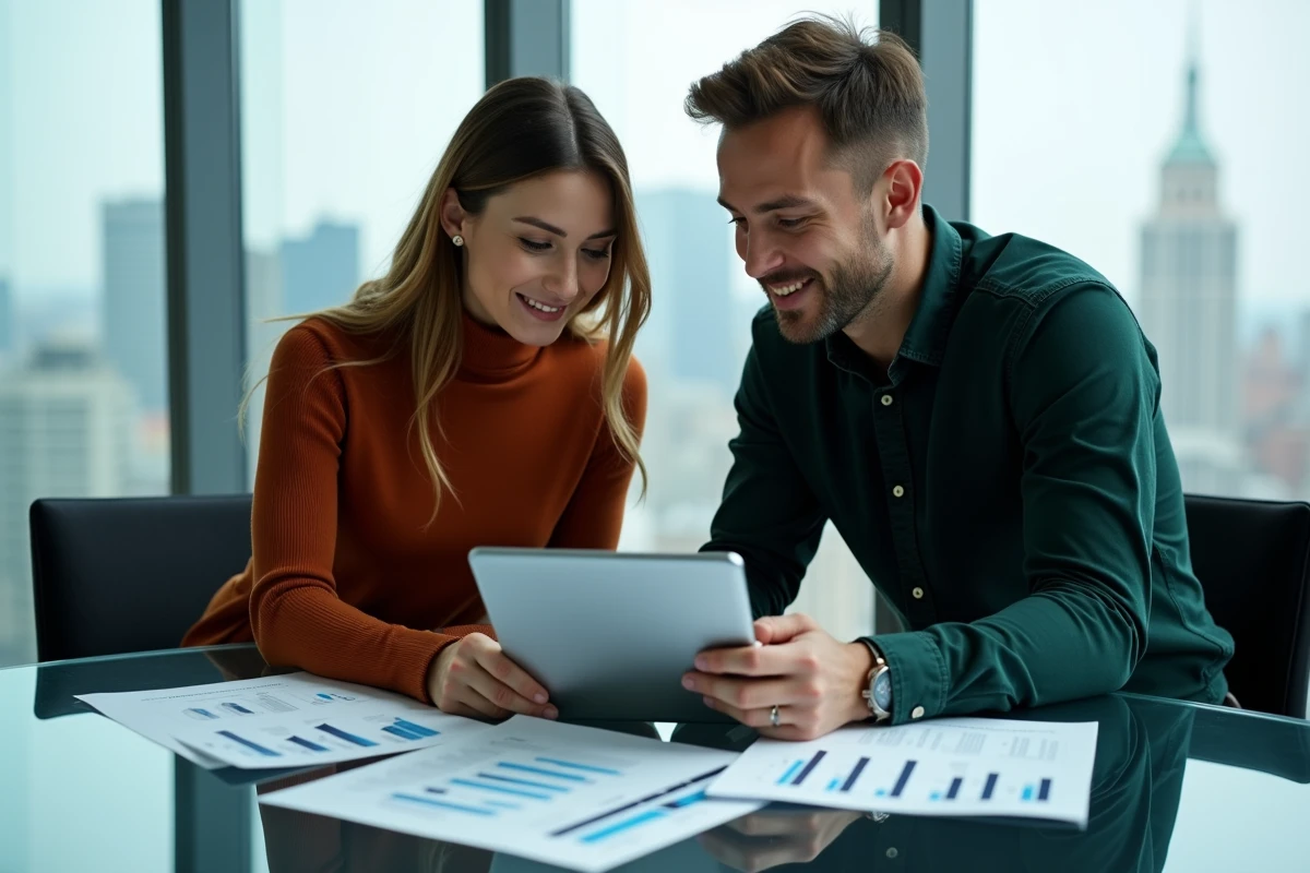 Deux professionnels du marketing collaborant sur une stratégie d'abonnement email dans une salle de réunion moderne