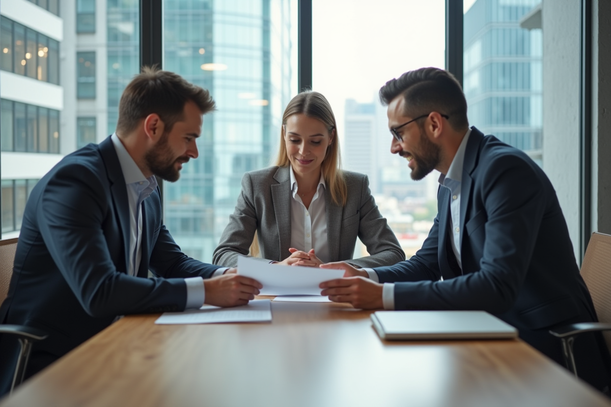 Groupe de professionnels en réunion dans un bureau lumineux