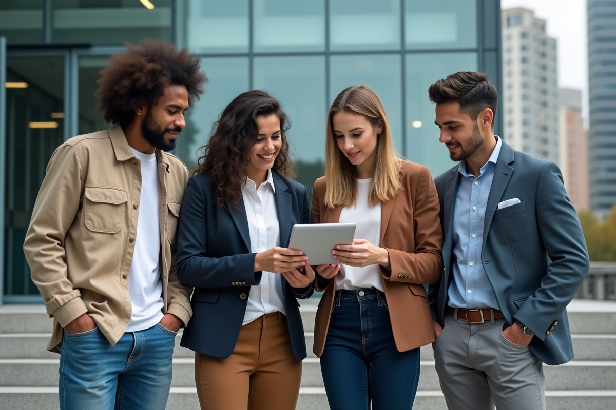 Groupe de jeunes professionnels discutant dehors devant un bâtiment