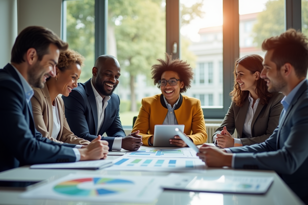 Groupe de collègues discutant autour d une table avec tablettes et graphiques