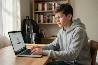 Adolescent frustré devant une erreur de connexion sur un portail scolaire en ligne