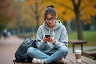 Jeune femme étudiant sur son smartphone avec l'application Comptalia dans un parc urbain