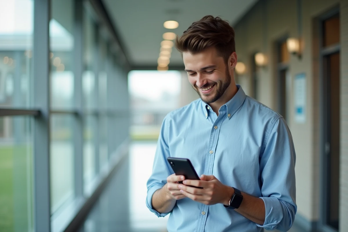 Étudiant consultant l'application UCA sur son smartphone dans un couloir de campus universitaire