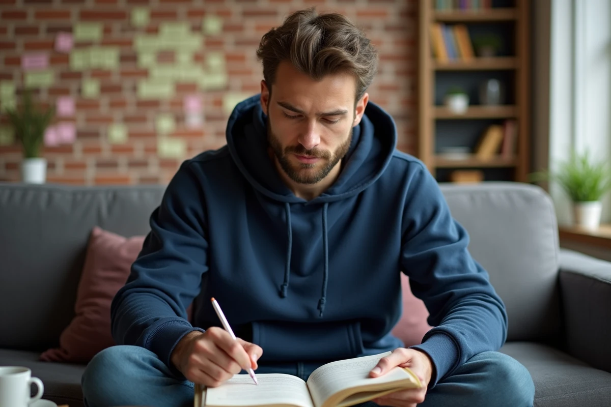 Étudiant apprenant les verbes avoir en espagnol avec un cahier et des post-it de conjugaison