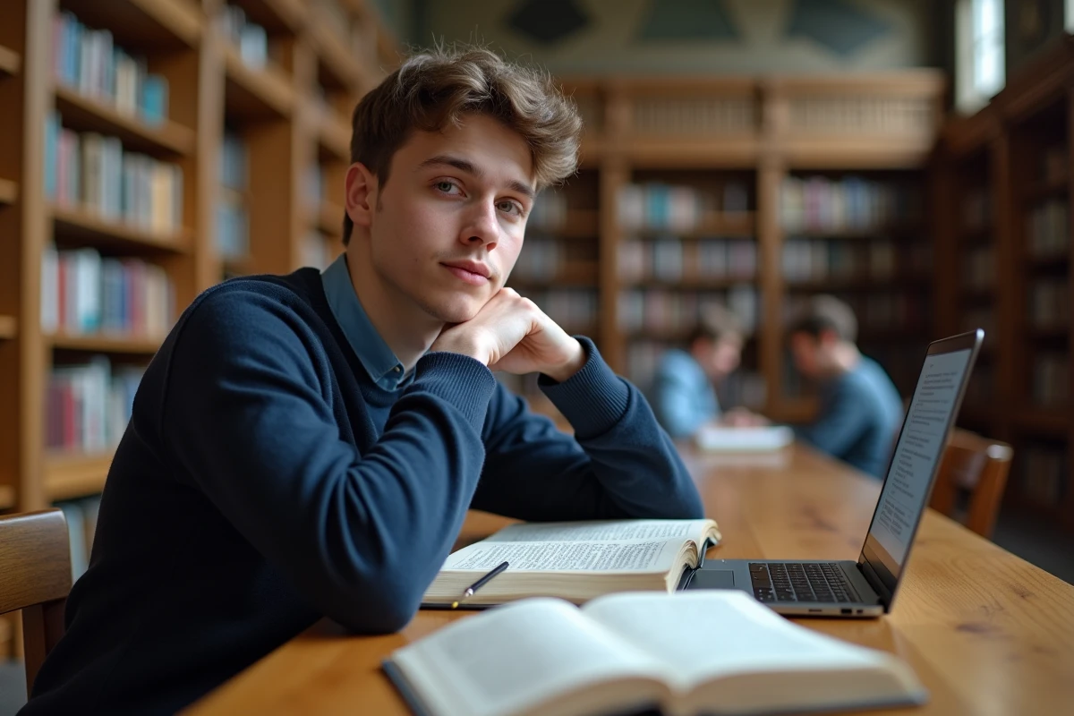 Étudiant en terminale consultant un manuel de philosophie dans une bibliothèque pour préparer le baccalauréat 2026