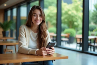 Étudiant souriant avec smartphone dans une cafétéria moderne