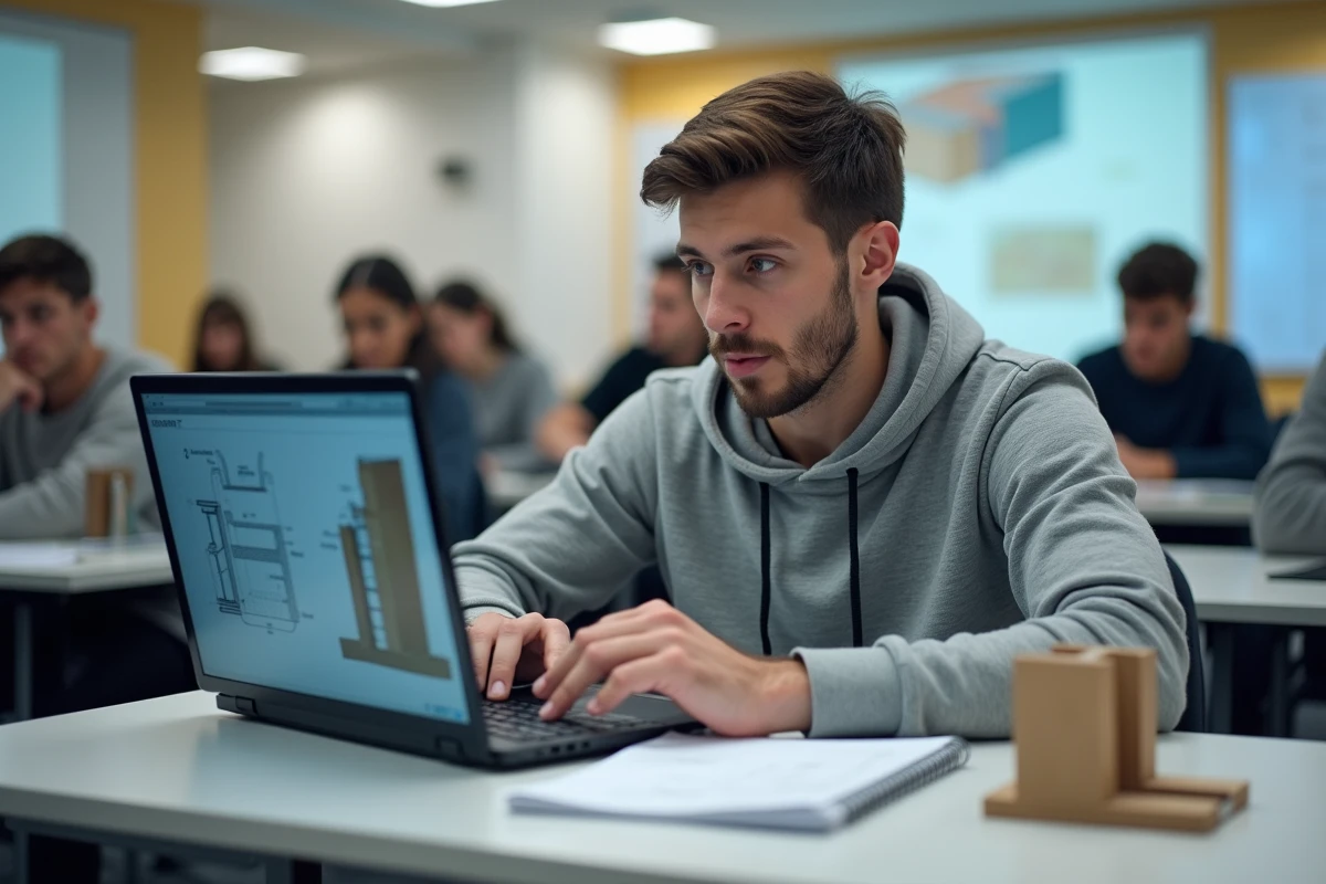 Jeune étudiant en formation BTP en ligne prenant des notes dans une salle de classe d'un institut professionnel