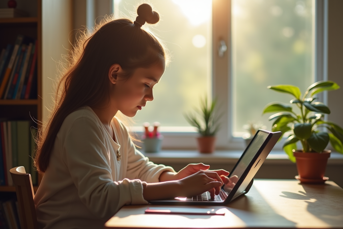 Étudiant concentré travaillant seul avec une tablette dans une ambiance lumineuse