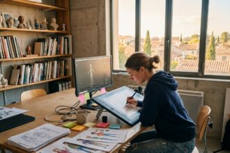Étudiante en animation 3D travaillant sur tablette graphique dans un studio créatif du sud de la France
