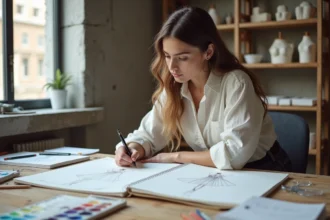 Étudiante en arts appliqués travaillant sur une illustration de mode dans un atelier de l'école Duperré à Paris