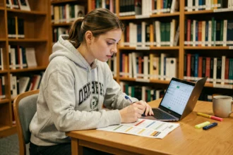 Étudiante consultant un emploi du temps universitaire imprimé et un calendrier numérique pour éviter les chevauchements de cours