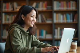 Étudiante connectée à l'ENT université sur son ordinateur portable dans une bibliothèque universitaire moderne