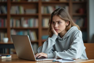 Étudiante frustrée devant un message d'erreur de connexion ENT sur son ordinateur portable en bibliothèque universitaire