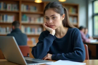 Étudiante frustrée devant un ordinateur portable à la bibliothèque universitaire, tentant de se connecter à HyperPlanning