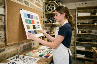 Étudiante de l'école des Gobelins examinant une épreuve d'impression dans un atelier de design parisien