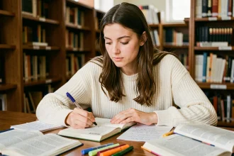 Jeune femme étudiant la grammaire allemande et la déclinaison dans une bibliothèque universitaire