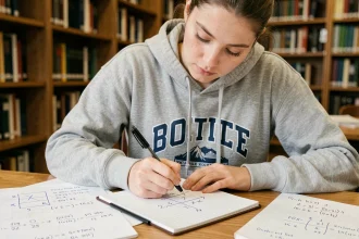 Étudiante en mathématiques écrivant la méthode d'inversion d'une matrice 2x2 sur du papier quadrillé dans une bibliothèque universitaire