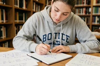 Étudiante en mathématiques écrivant la méthode d'inversion d'une matrice 2x2 sur du papier quadrillé dans une bibliothèque universitaire