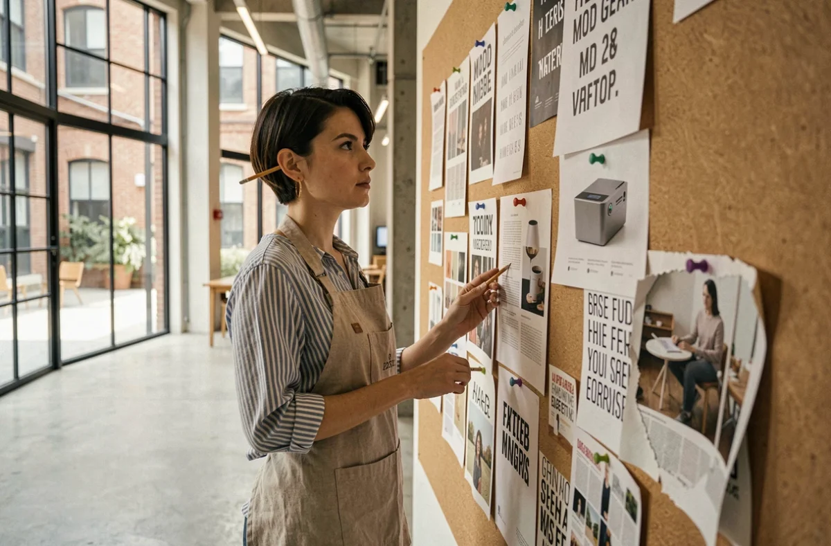 Étudiante en design analysant un moodboard dans un studio académique contemporain avec grandes fenêtres industrielles