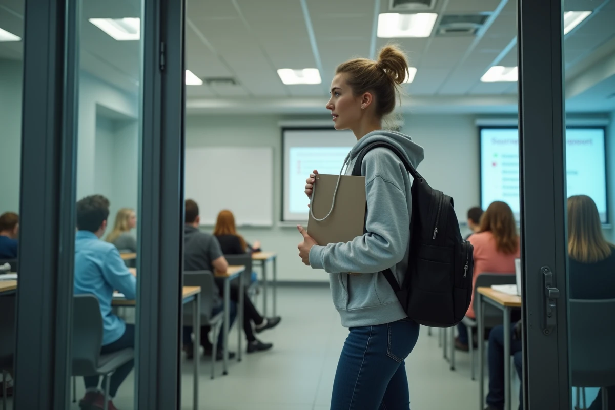 Étudiante arrivant en retard dans une salle de formation professionnelle enregistrée sur le logiciel Net Ypareo