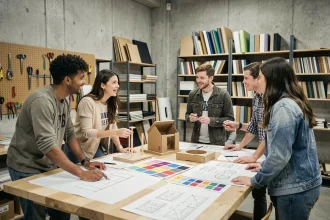Étudiants en design collaborant autour d'une table de travail dans un atelier d'école de design moderne avec esquisses et prototypes