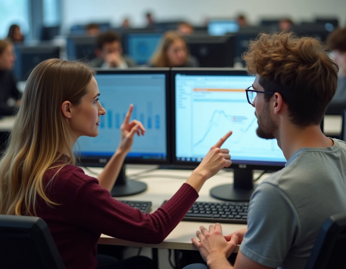 Deux étudiants collaborant sur l'ENT numérique universitaire devant des écrans d'ordinateur en salle informatique