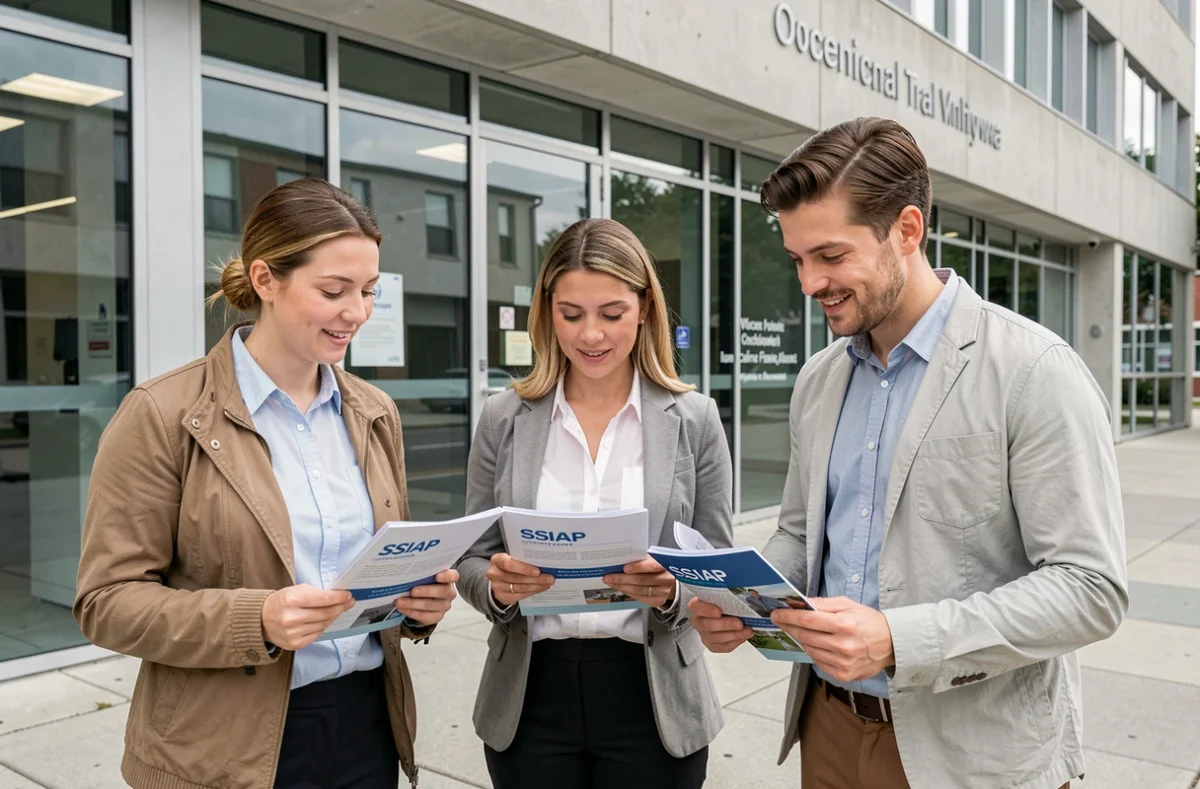 Groupe d'étudiants adultes comparant des brochures de formation SSIAP 1 devant une école professionnelle de sécurité