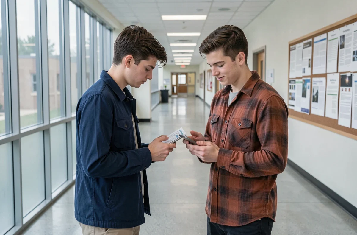 Deux étudiants comparant leurs emplois du temps sur smartphone dans un couloir de l'université d'Angers pour éviter les conflits d'horaires