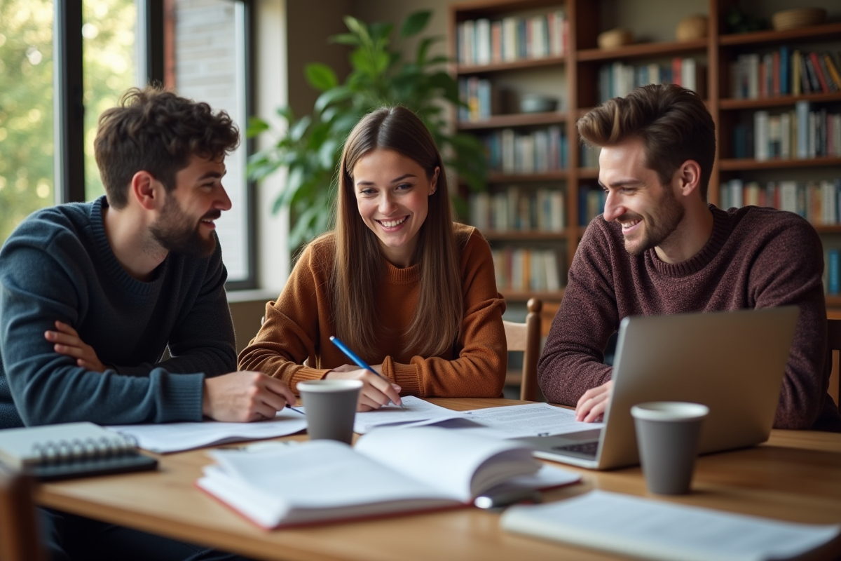 Trois étudiants en discussion dans une bibliothèque chaleureuse