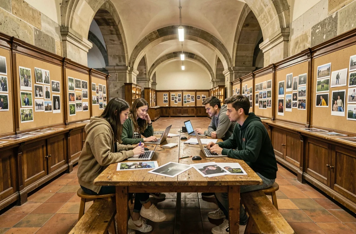 Groupe d'étudiants des Gobelins en session de critique de portfolio dans un couloir historique de l'école