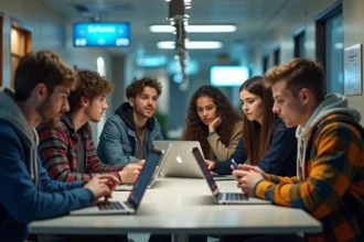Etudiants préoccupés autour d'une table dans un hall universitaire